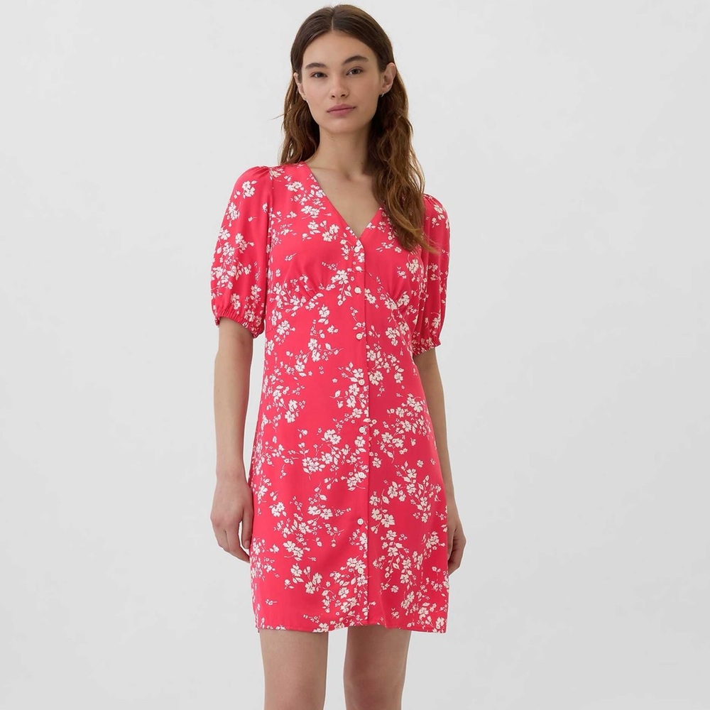 GAP Button Front Puff Sleeve Red Floral Print Dress, women’s size medium